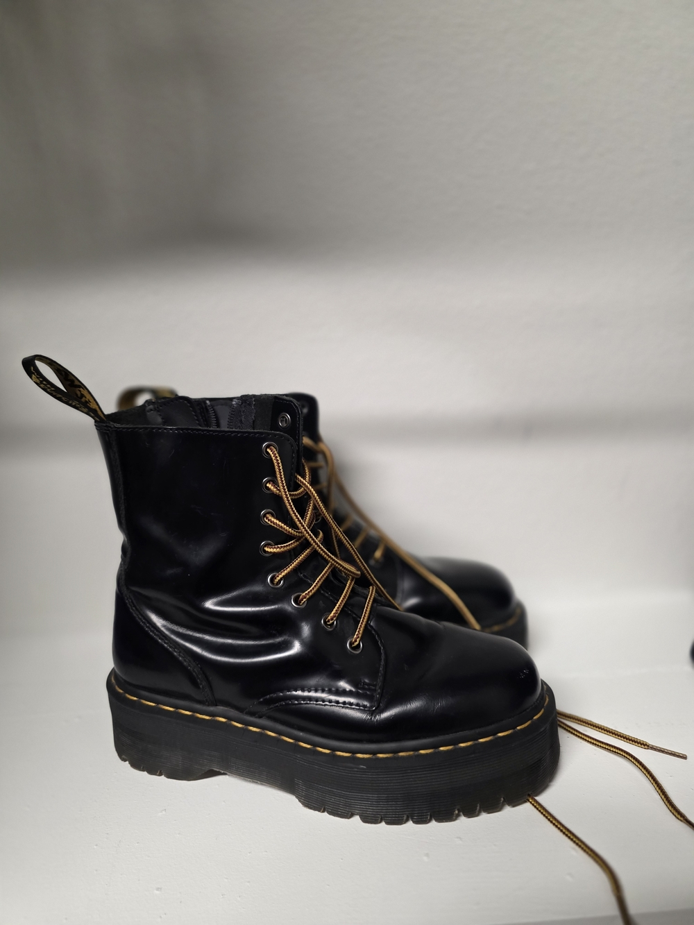 Doc Martens - Black Platform Lace-Up Combat Boots with Yellow Stitching & Laces